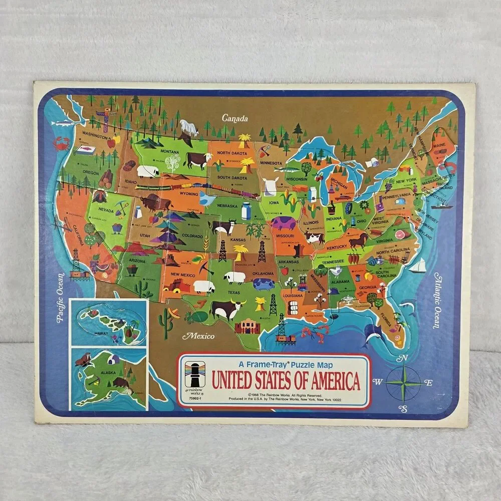 Vintage 1968 Rainbow Works USA‎ Frame Tray Puzzle Map Complete Educational